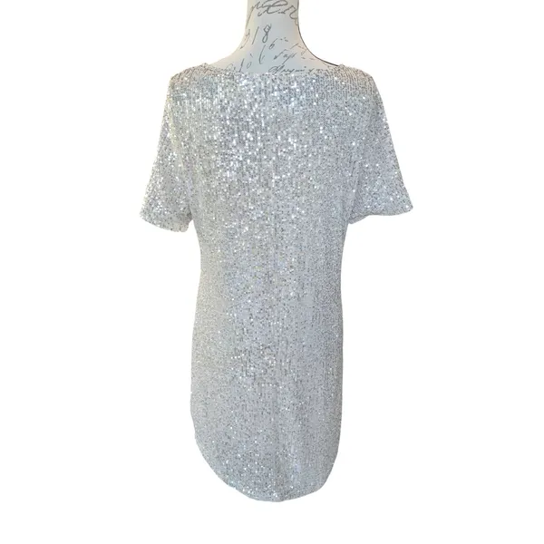7 For All Mankind‎ 5Y Womens Silver Sequin Shift Mini Dress Short Sleeve Medium - Image 4