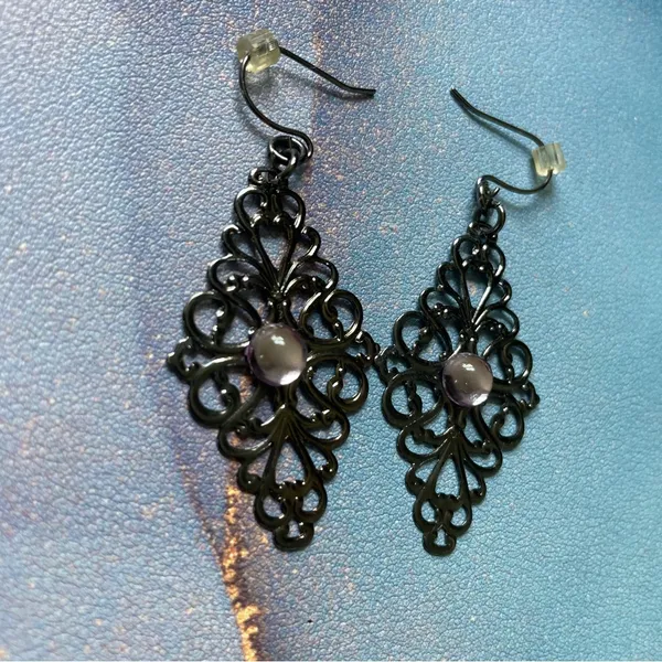 Pewter Filigree Boho Drop Earrings Pink Purple Stone Accent Y2K Dainty‎ Jewelry - Image 5