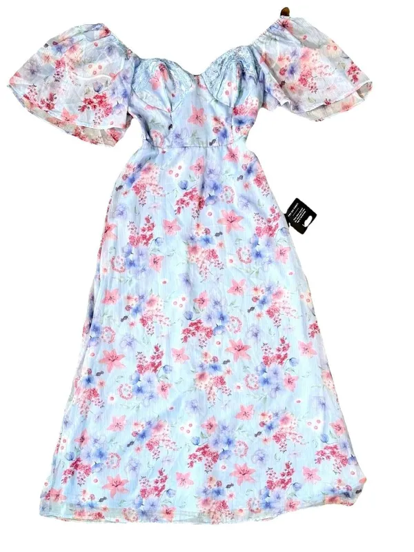 Lulus Valla Light Blue Floral Flutter Sleeve Bustier Midi Dress NWT Size XS - Image 2