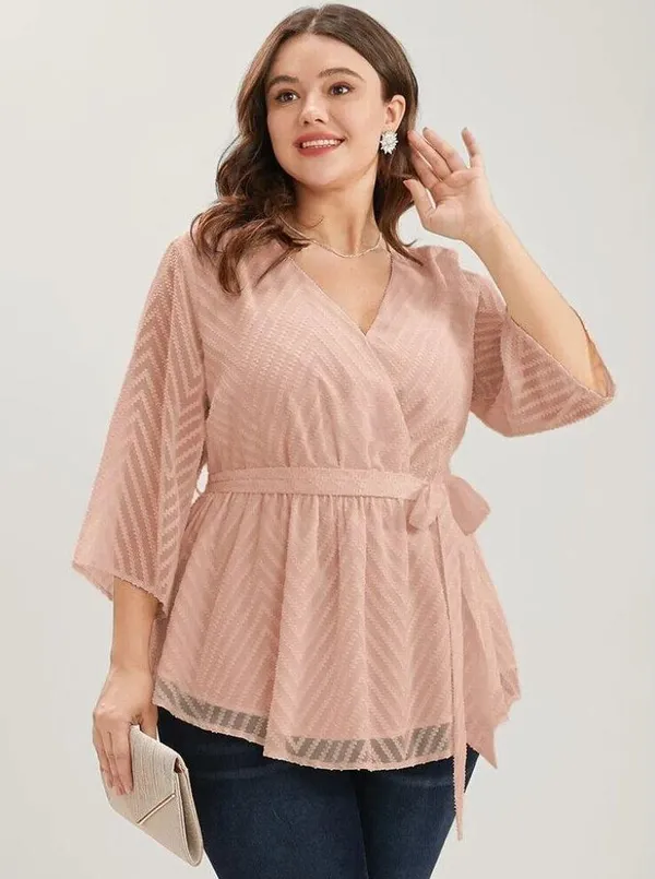 Bloomchic Geometric Mesh Surplice Neck Belted Ruffles Blouse Sheer Pink 12 - Image 2