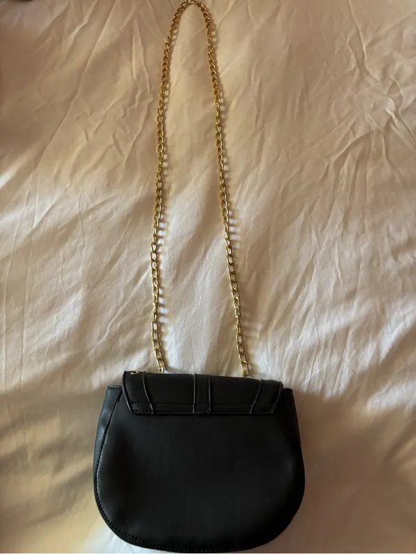 Black Leather Crossbody Bag with Gold Chain Strap - Image 2