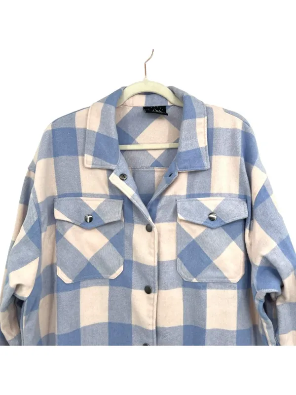 HFX Blue & Cream Plaid Long Sleeve Shacket Front Pockets Size Large - Image 2