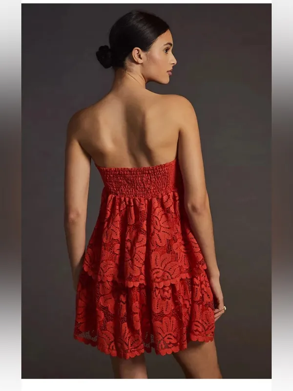 ANTHROPOLOGIE Maeve Strapless Lace Mini Dress Red size small No Shoulder Straps - Image 2