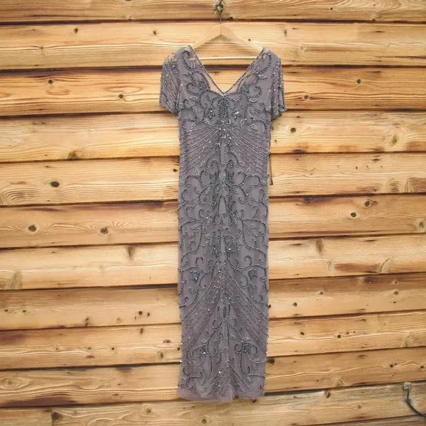 NWT Pisarro Nights Size 8 Beaded Mesh Column Gown Aluminum - Image 6