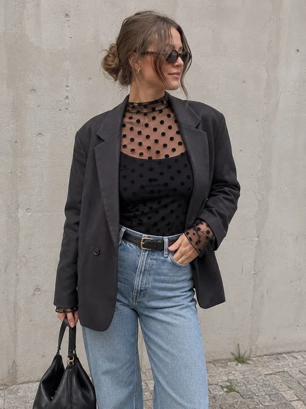 Sheer Polka Dot Mock Neck Top - Image 6