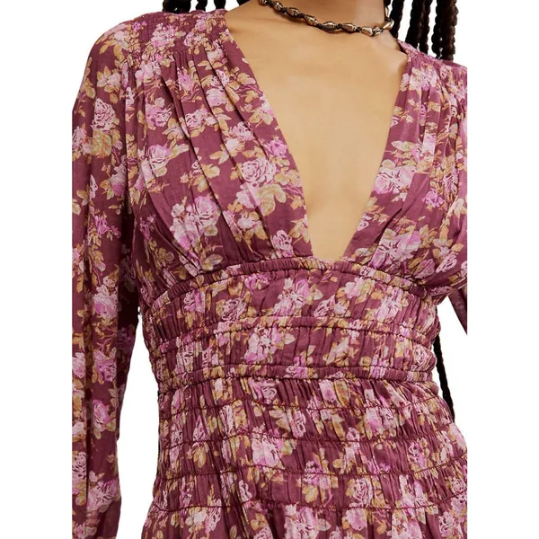 Free People Keep You Floral Moni Dress Plunging Neckline Long Sleeve Smocked - Image 3