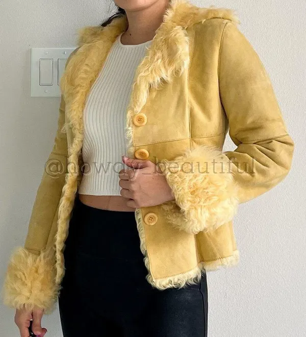 New Label SheepSkin Cream Yellow Leather Button Up shearling Jacket - Image 15