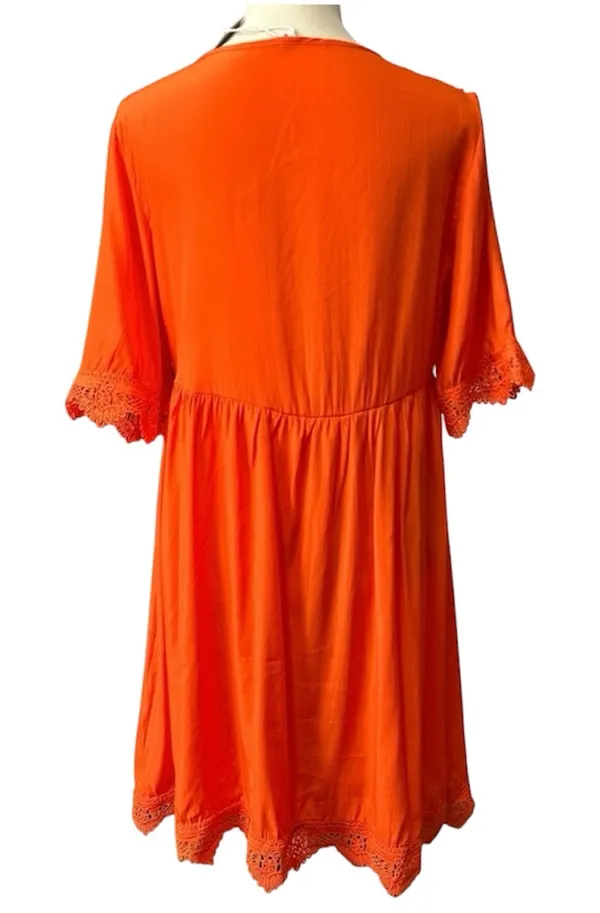 Embroidered V- neck mini dress orange with crochet lace hem sleeves - Image 3