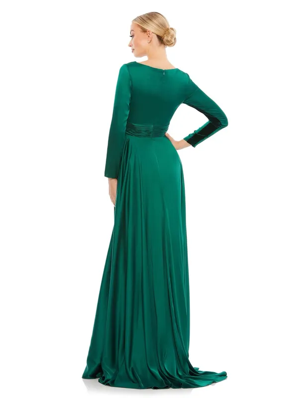 Ieena for Mac Duggal Long Sleeve Satin A-Line Maxi Dress Gown Emerald Green 10 - Image 2