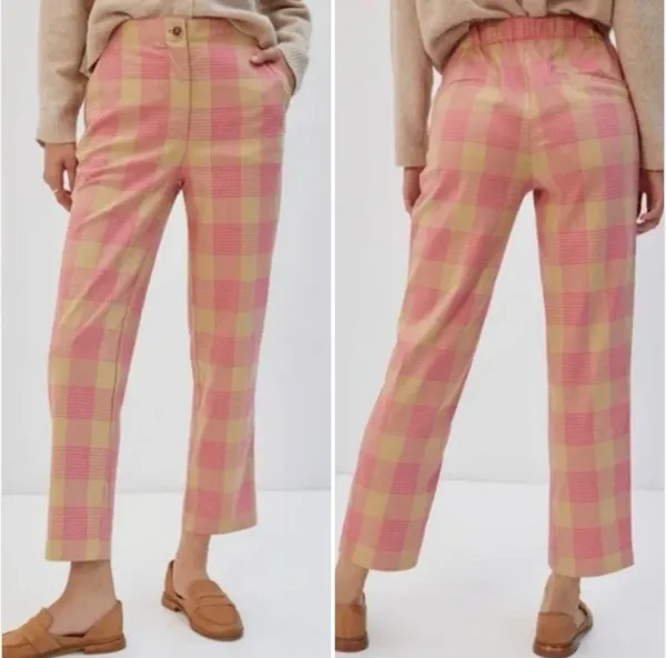 Anthropologie Maeve Tapered Pull-On Plaid Pants Pink Tan 6 Academia Preppy - Image 2