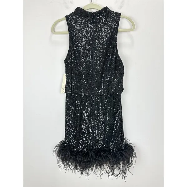 Eliza J Sequined Feather Hem Mini Dress Party Glam Mockneck Cocktail US 8 NWT - Image 12