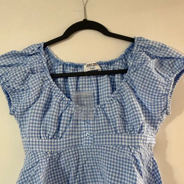 Double Zero Light Blue Gingham Peplum Cap-Sleeve Blouse - Image 3