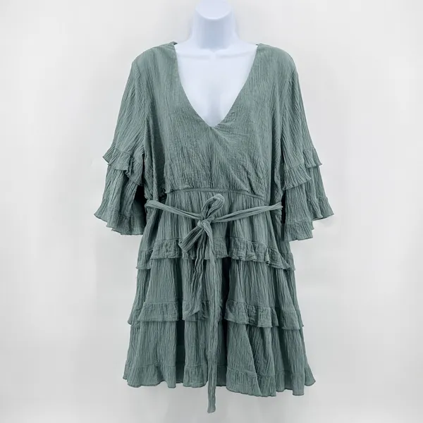 Showpo‎ Green Cotton Tiered Ruffle Mini Dress Belted V-Neck Bell Sleeve Plus 16 - Image 3