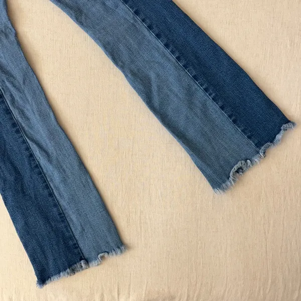 LITZ Premium Denim Two Tone Flare Jeans Blue Panel‎ Raw Hem Size 27 - Image 10