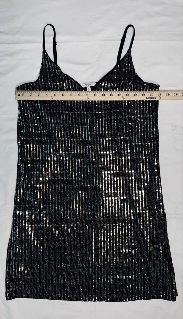 Candie's XL Black and Gold Sequin Striped V-Neck Slip Dress - Image 3