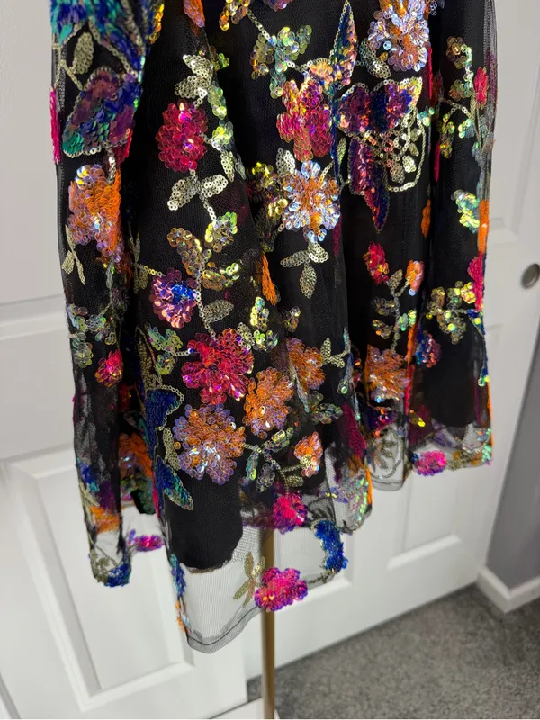 Impressions 1X Black Multicolor Floral Sequin Fit & Flare Mini Skirt NWOT - Image 3