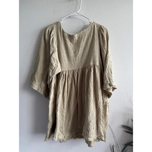 Free People Beach Beige Crinkle‎ Babydoll Mini Dress Puff Sleeve XS OB1122436 - Image 2