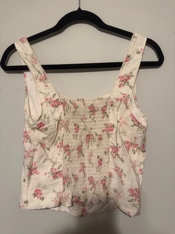 Kirious Pink Floral White Cotton Smocked Crop Tank Top - Image 2
