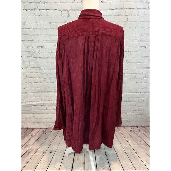 FREE PEOPLE Shirt Dress Long Sleeve Rayon Crinkle Burgundy-Small - Image 2