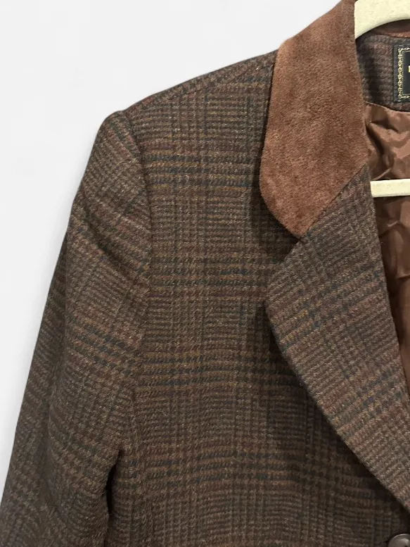 Vintage Express Wool Plaid Blazer Leather Collar Equestrian 90s L - Image 7