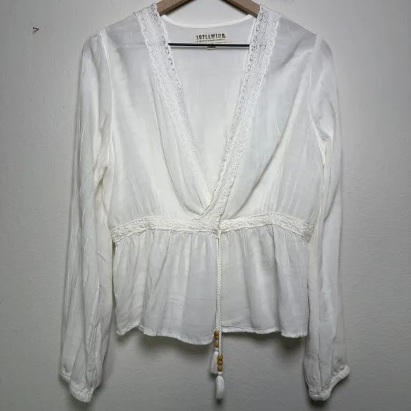 Idyllwind‎ Women Babydoll Top Medium Top Ivory Lace Trim Crochet Boho Gauze - Image 5
