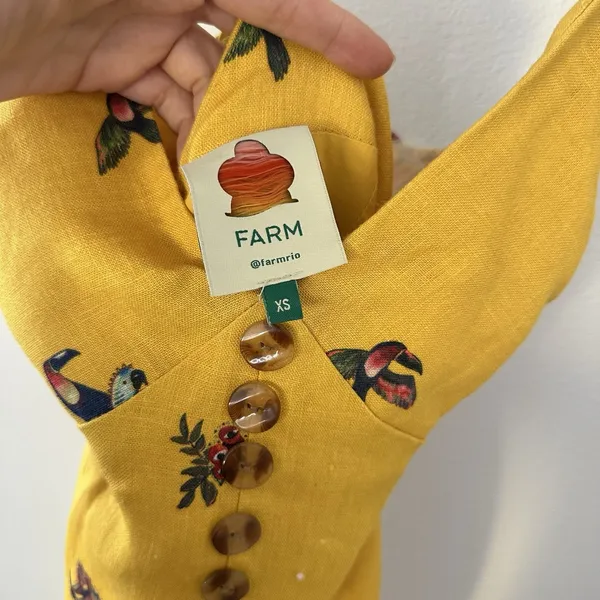 Farm Rio 100% Linen Jungle Tucanos Button Midi Yellow Embroidered Dress Sz XS - Image 11