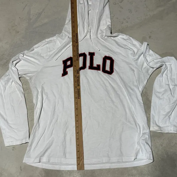 Polo Ralph Lauren Women's White Pullover Hoodie Big POLO Patch SZ L Lightweight - Image 7