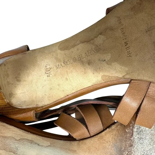 Manolo Blahnik Ochre Leather Sandal Heels Cognac Brown Size 40.5‎ US 10.5 - Image 7