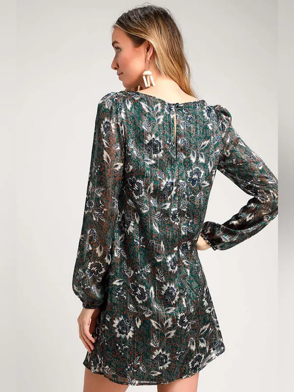 Lulus Ashford Forest Green Floral‎ Shift Dress medium - Image 2