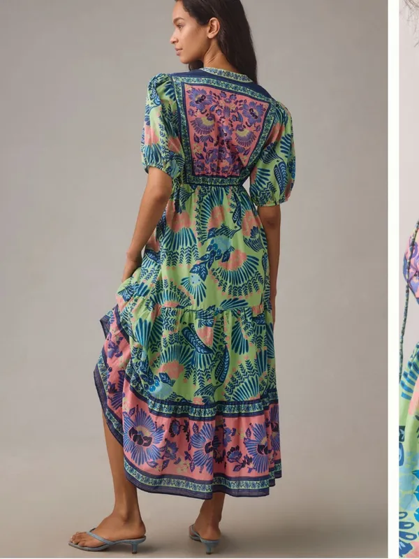 Farm Rio Short Sleeve Tiered Floral Midi Dress in Size Small Anthropologie - Image 4