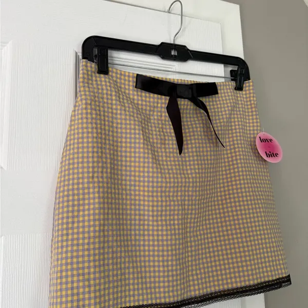 Y2K Gingham Satin Bow Plaid Lace Trim Mini Skirt - Image 3