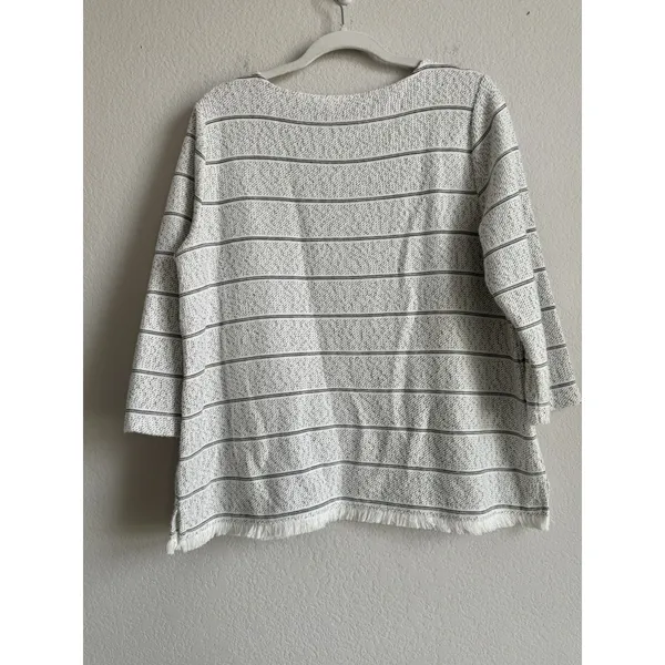 Talbots Women's Size Large 3/4 Sleeve Fringe Hem Sweater Top White Black Stripes - Image 3