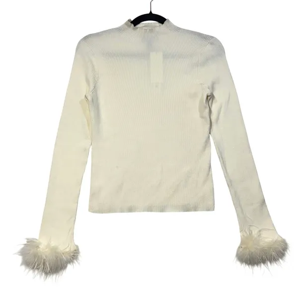 Aqua L Organic Cream‎ Ribbed Mock Neck Feather Cuff Sweater Glam Statement NWT - Image 2