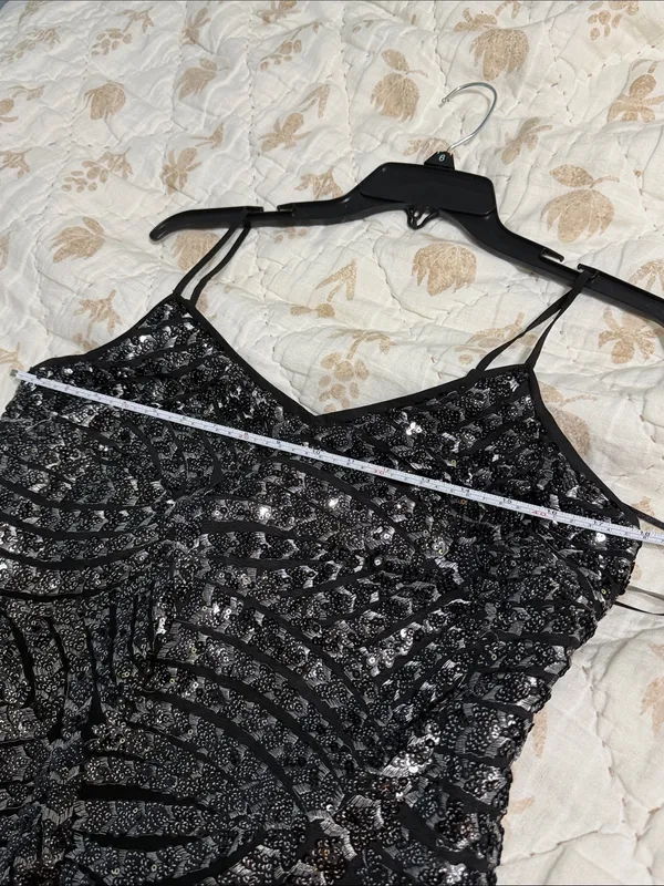 Vince Camuto Black Sequin Mini Slip Dress with Silver Accents - Image 9
