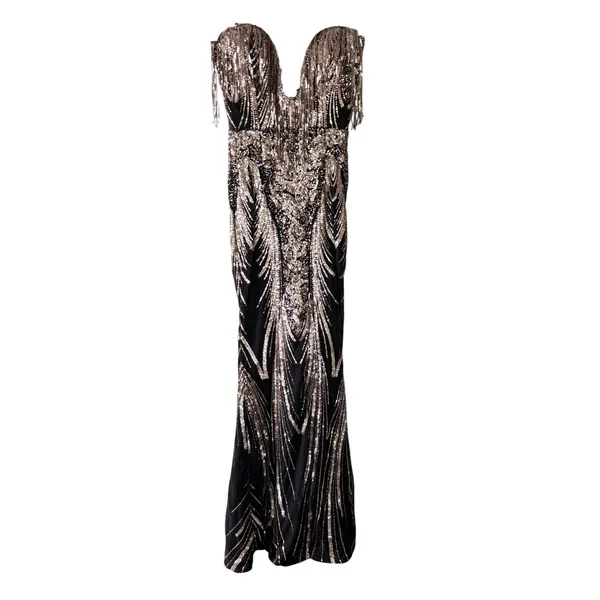 Faeriesty Sequin Mermaid Gown‎ Sz S Black Gold Strapless Evening Formal Prom - Image 2