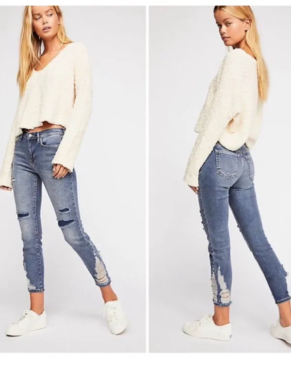 Free People About A Girl Distressed Patchwork Skinny Jeans‎ Women's 26 Blue Boho - Image 2