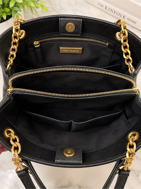 Tory Burch Black Pebbled Leather Chain Handle Tote Bag - Image 2