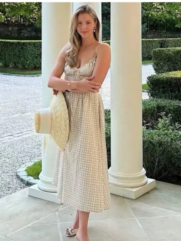 HILL HOUSE (NWT) The Juliana Midi Dress in Basketweave, Beige/White, Size M - Image 3