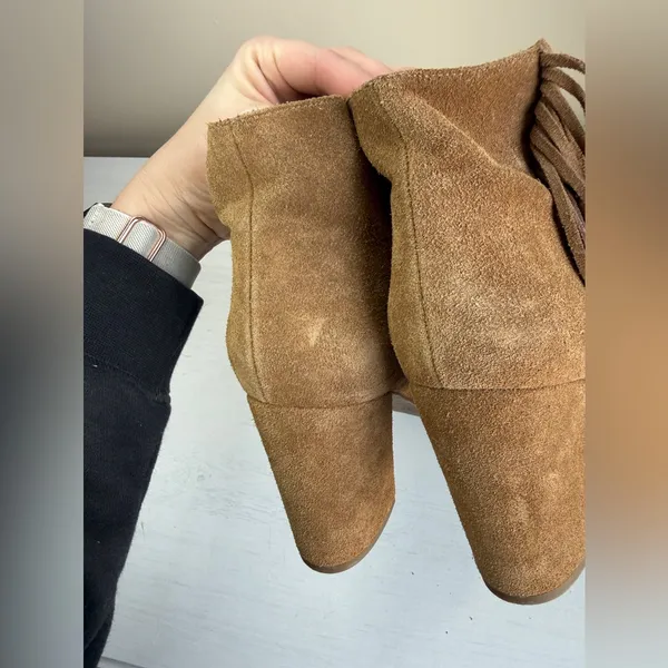 Via Spiga Niurka Dark Natural Suede Fringe Bock Heel Booties Size 9.5 M - Image 11