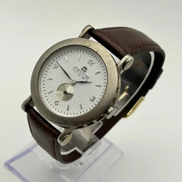 Vintage Structure Textured White Dial Brown Leather Strap Watch Working - Image 2