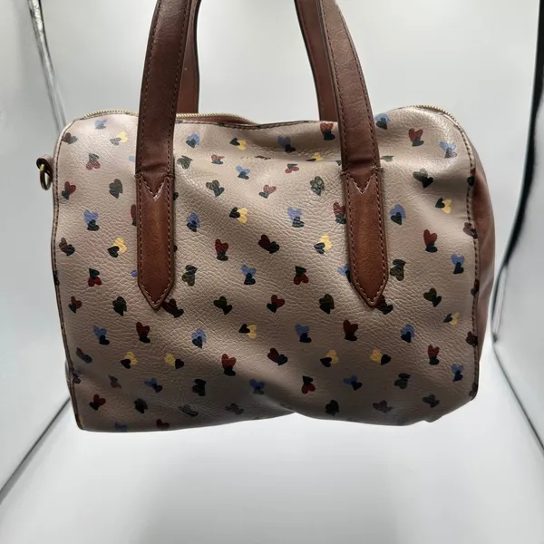 Fossil Rachel Satchel Bag Taupe Heart Print Pebbled Leather Brown Trim Handbag - Image 3