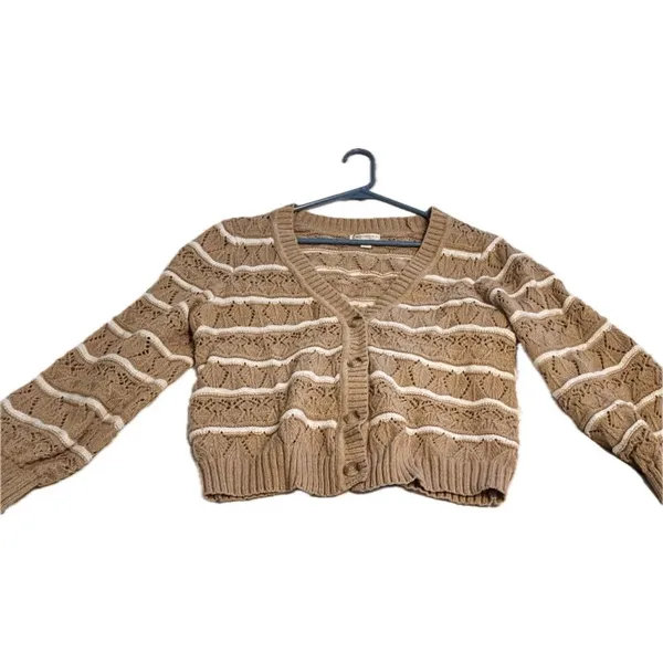 Cato XL Brown White Cable-Knit Striped Button Cardigan Sweater - Image 5