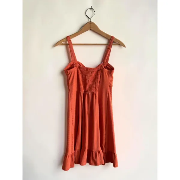 No Boundaries Burnt Orange‎ Ribbed Mini Dress Button Front Ruffle Hem Small - Image 2