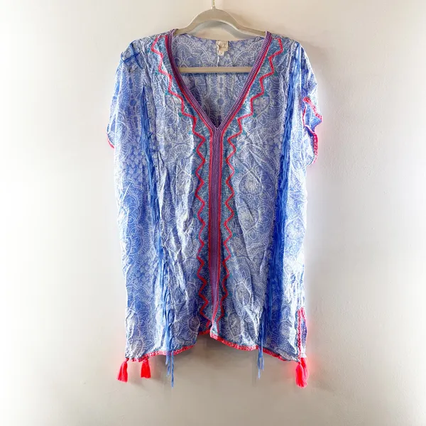 Surf Gypsy Floral Embroidered Short Sleeve Bohemian Tunic Cover-Up Dress Blue S - Image 2