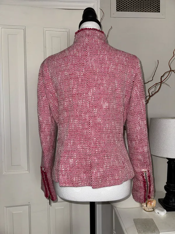Zara Pink Tweed Fringe Blazer Jacket Size Medium - Image 3