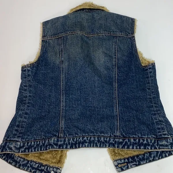 Y2k 00s Gap denim vest with faux fur‎ tan collar and lining Size M C25 - Image 7