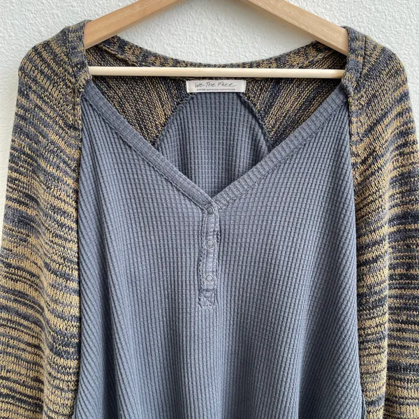 Free People Grey Yellow Stripe Sweet Confession Henley Waffle Knit Pullover - Image 5