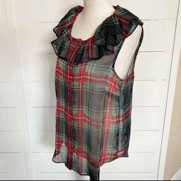 J. Crew Tartan Plaid Red Green Metallic Sheer Ruffle Button Tank‎ Blouse NWT S - Image 11