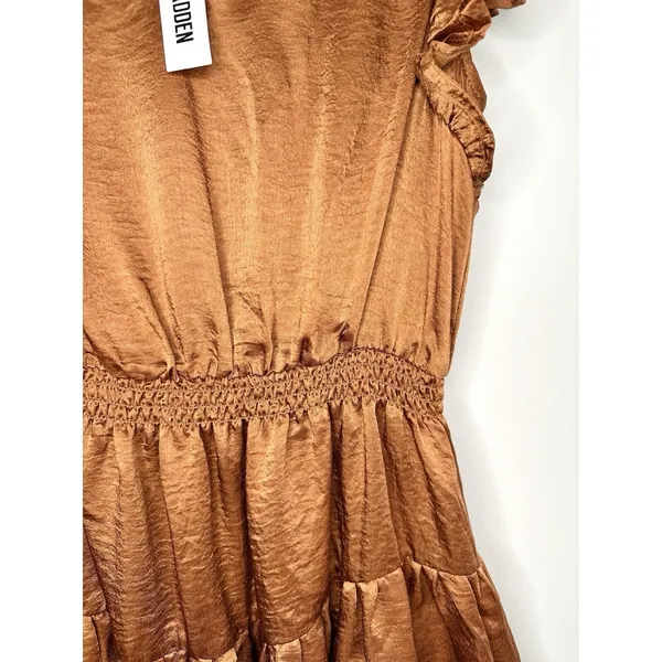 NWT Steve Madden Prairie Dreams Mini‎ Dress Apricot Satin Ruffle Smocked Small S - Image 8
