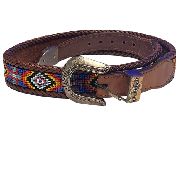 Vintage 1991 Brighton beaded western brown leather belt Aztec diamond pattern 30 - Image 2